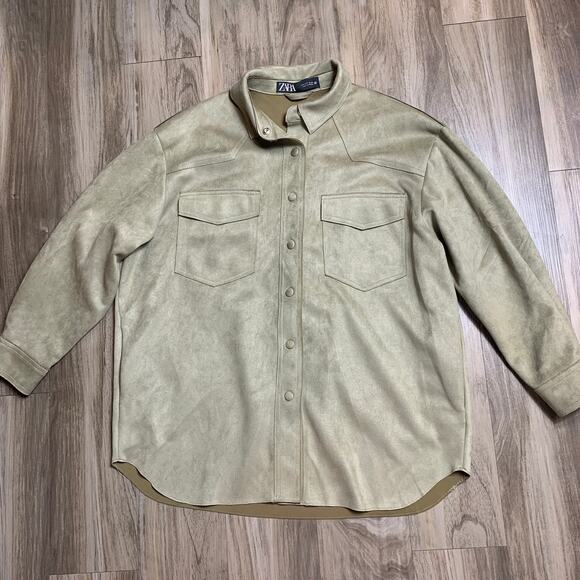 Zara Faux Suede Overshirt Snap Front Shacket Jacket Shirt Top Size Medium - Picture 3 of 6